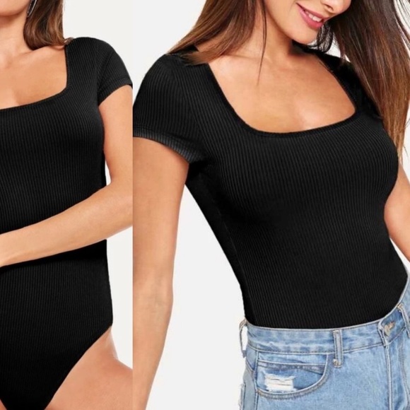 M 💠 Square neck short sleeve bodysuit black ribbed - Picture 2 of 2